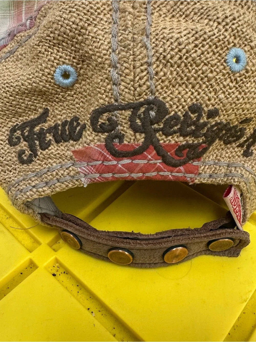 Vintage True Religion Hat Mens Leather Strapback Brown Red Plaid Distressed Y2K